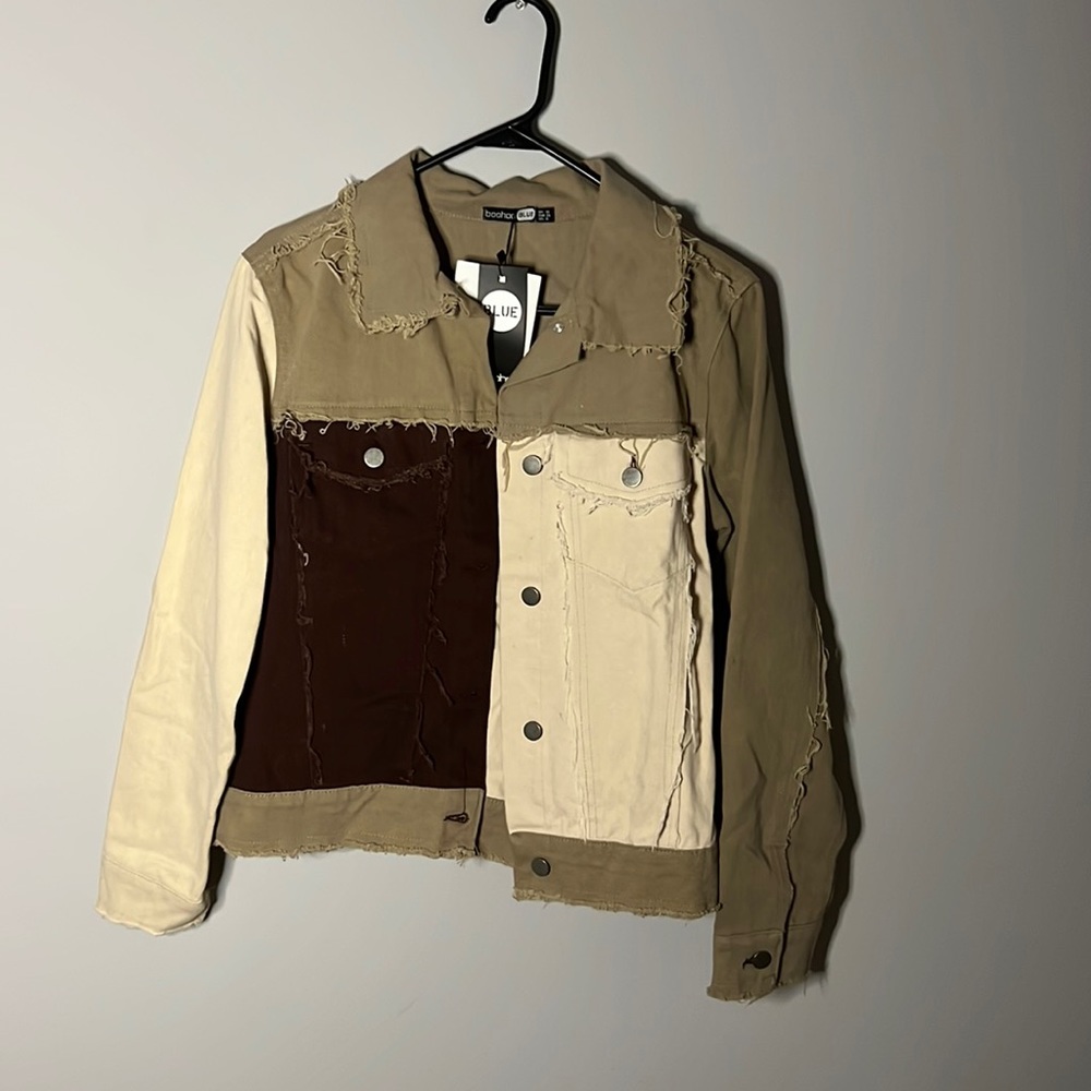 NEW WITH TAGS Boohoo Brown Patchwork Denim Jacket Size 6